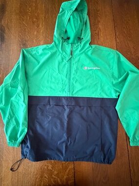 Champion Colorblock Packable Windbreaker Jacket Green/Navy Size Medium